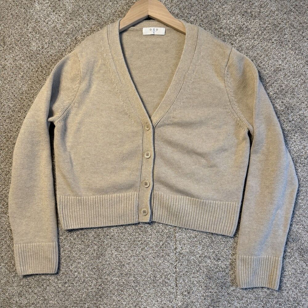 One Grey Day Beige Knit Cropped Cardigan Sweater Medium Cotton Blend V-Neck OGD